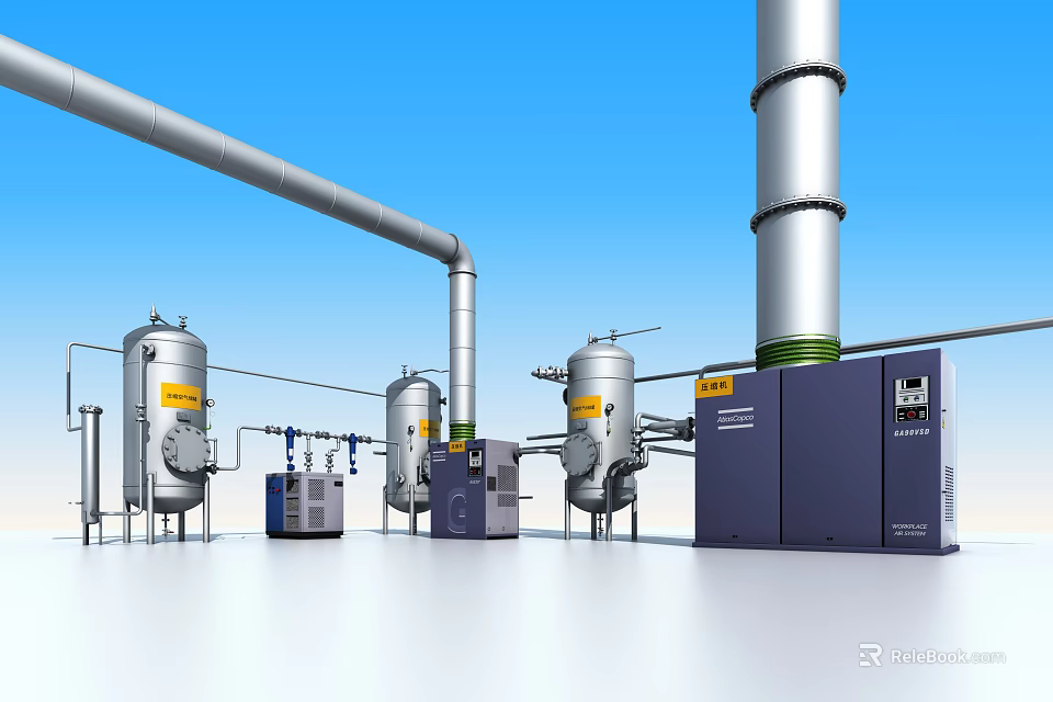 Modern Industrial Equipment Featuring Stainless Steel Tanks Large Pipes and Control Cabinets 3d model 