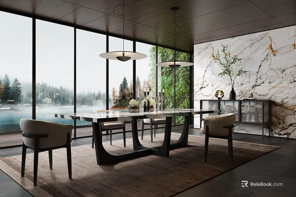 Modern Restaurant Interior With Forest Lake View Marble Wall Chandelier Dining Table Chairs Green Plant 3d model 