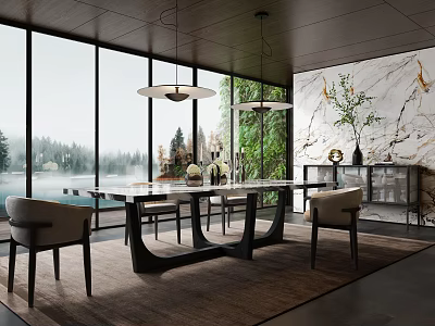 Modern Restaurant Interior With Forest Lake View Marble Wall Chandelier Dining Table Chairs Green Plant 3d model