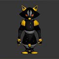 Cartoon Style 3D Animal Character Model With Black Yellow Body Red Eyes Standing Reflective Base