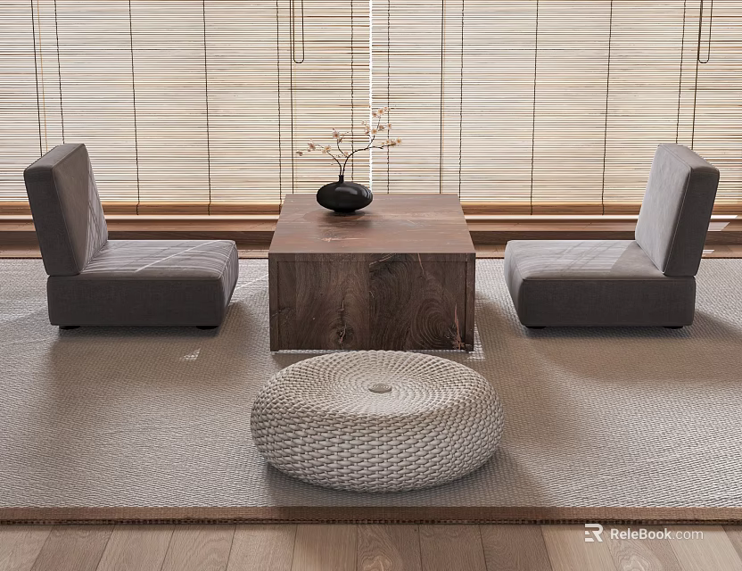 Natural Minimalist Interior With Wooden Coffee Table Grey Seats Bamboo Blinds Black Vase Woven Cushion 3d model 