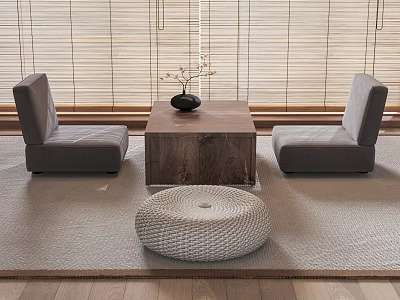 Natural Minimalist Interior With Wooden Coffee Table Grey Seats Bamboo Blinds Black Vase Woven Cushion 3d model