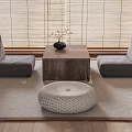 Natural Minimalist Interior With Wooden Coffee Table Grey Seats Bamboo Blinds Black Vase Woven Cushion