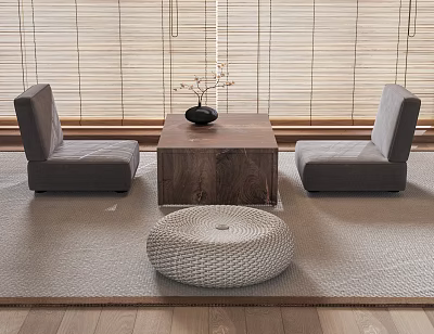 Natural Minimalist Interior With Wooden Coffee Table Grey Seats Bamboo Blinds Black Vase Woven Cushion 3d model