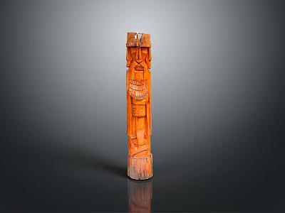 Natural Landscape With Orange Wooden Totem Pole Carved Faces And Patterns 3d model