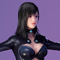 Game Character In Black Leather Outfit With Long Black Hair Purple Background Arms Outstretched