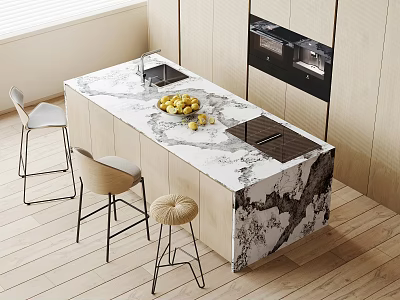 Modern Kitchen Interior With Marble Island Counter Dining Chairs Stools Sink Stove And Fruits 3d model
