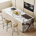 Modern Kitchen Interior With Marble Island Counter Dining Chairs Stools Sink Stove And Fruits