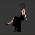 Woman With Short Black Hair In Black Dress And Fishnet Stockings Red High Heels