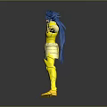 Blue Haired Anime Game Character In Yellow Armor Posing On Dark Reflective Surface