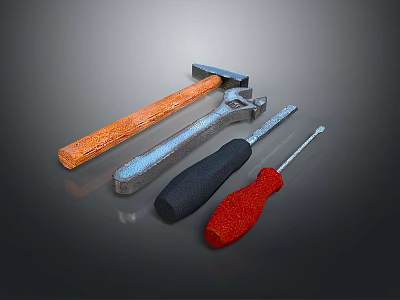 Home Living Tools With Orange Handle Hammer Silver Wrench And Black Red Handle Screwdrivers 3d model