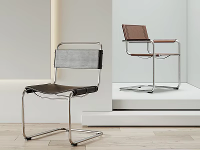 Modern Leisure Chair with Metal Frame and Brown Gray Leather Seat for Living Room 3d model