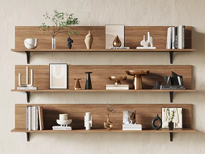 Wooden Wall Shelves With Decorative Vases Sculptures Books And Picture Frames On Light Colored Wall 3d model