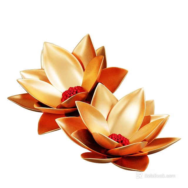 Decorative Ornament Set Featuring Two Golden Lotus Flowers With Red Centers For Home Decor 3d model 