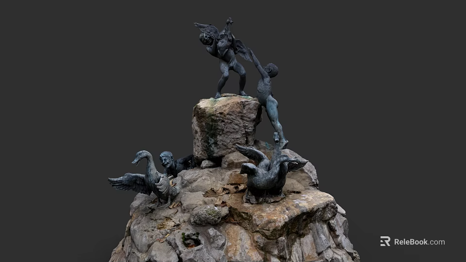 Intricate Sculpture With Aquatic Birds And Human Figures On Rocky Platform 3d model 
