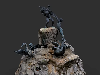 Intricate Sculpture With Aquatic Birds And Human Figures On Rocky Platform 3d model