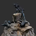 Intricate Sculpture With Aquatic Birds And Human Figures On Rocky Platform