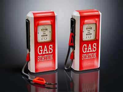 Two Vintage Red And White Gas Station Fuel Pumps With Red Fuel Nozzles 3d model
