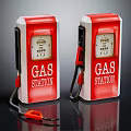 Two Vintage Red And White Gas Station Fuel Pumps With Red Fuel Nozzles