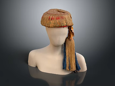 Game Movie Character Woven Straw Hat With Red Decoration And Blue Beige Tassel On Mannequin 3d model