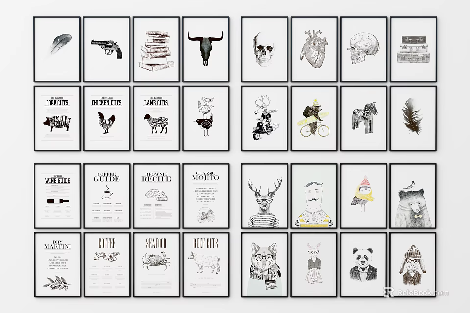 Black and White Decorative Wall Art Prints With Various Animal And Typography Themes 3d model 