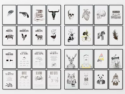 Black and White Decorative Wall Art Prints With Various Animal And Typography Themes 3d model