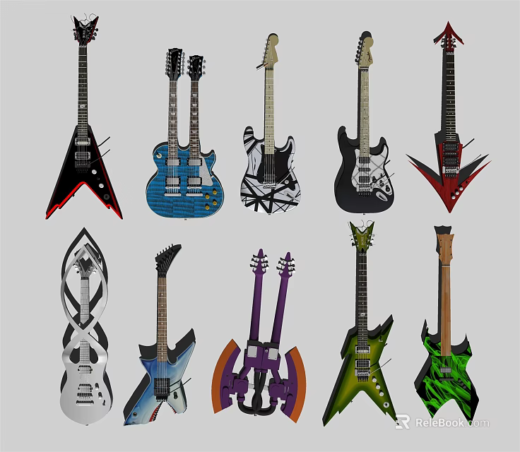 Various Electric Guitars With Different Colorful Designs And Unique Stylish Shapes 3d model 