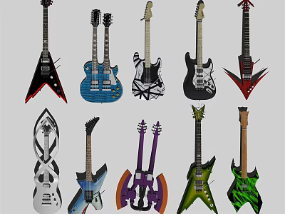 Various Electric Guitars With Different Colorful Designs And Unique Stylish Shapes 3d model