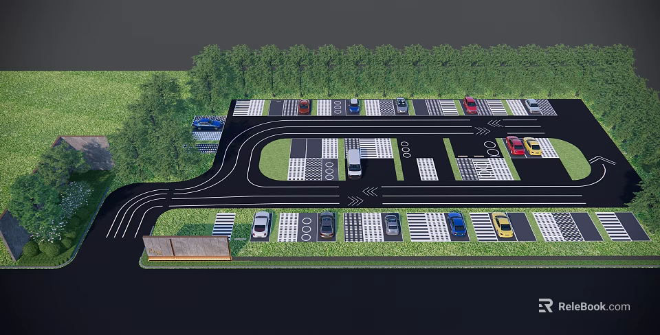 Well Designed Parking Lot With Curved Driveways Green Landscaping And Multiple Vehicles 3d model 