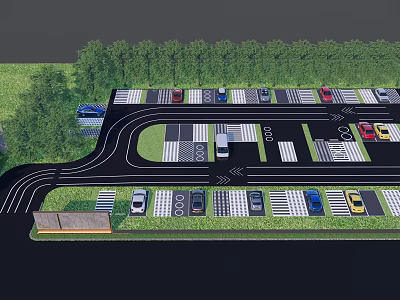 Well Designed Parking Lot With Curved Driveways Green Landscaping And Multiple Vehicles 3d model