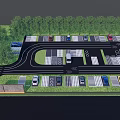 Well Designed Parking Lot With Curved Driveways Green Landscaping And Multiple Vehicles
