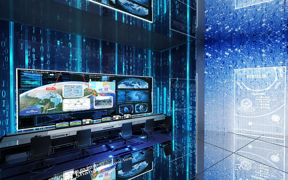 High Tech Control Room With Multiple Large Screens Displaying Data Maps Blue Code Background 3d model 