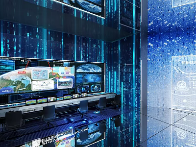 High Tech Control Room With Multiple Large Screens Displaying Data Maps Blue Code Background 3d model