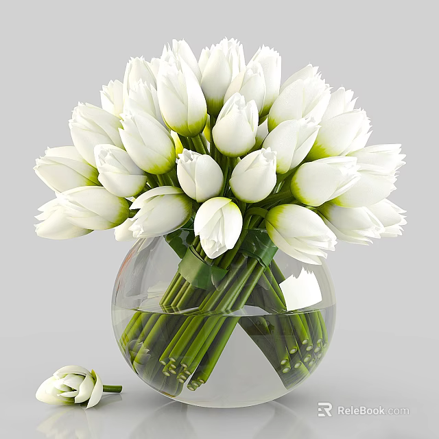 Fresh White Tulips Arranged in Transparent Glass Vase with Green Stems 3d model 