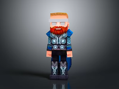 Pixel Art Superhero Character With Red Beard Blonde Hair And Blue Armor 3d model