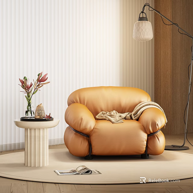 Orange Leather Single Sofa with Cozy Blanket and Side Table in Modern Living Room 3d model 