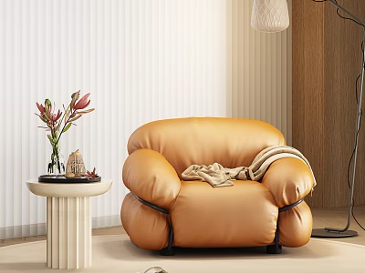 Orange Leather Single Sofa with Cozy Blanket and Side Table in Modern Living Room 3d model
