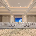 Elegant Spacious Modern Banquet Hall With Neat Dining Sets And Warm Ceiling Lighting For Events