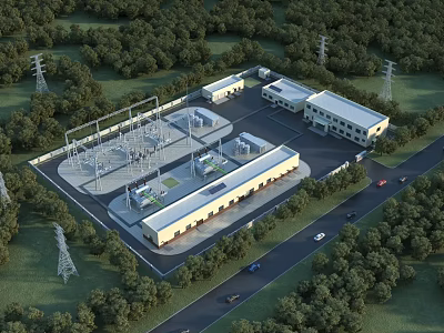 Modern Industrial Factory Building Complex With Transmission Towers And Green Surroundings 3d model