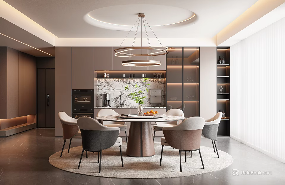 Modern Restaurant Dining Space with Round Table Hanging Pendant Lights Elegant Cabinets and Comfortable Chairs 3d model 