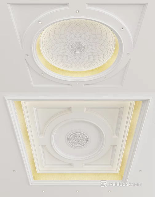 Elegant White Ceiling Design With Round Dome Intricate Pattern And Recessed Lighting 3d model