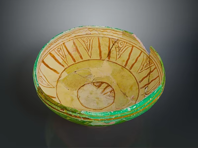 Hand Carved Ceramic Bowl With Intricate Geometric Patterns Green Rim And Yellow Body 3d model