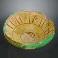 Hand Carved Ceramic Bowl With Intricate Geometric Patterns Green Rim And Yellow Body