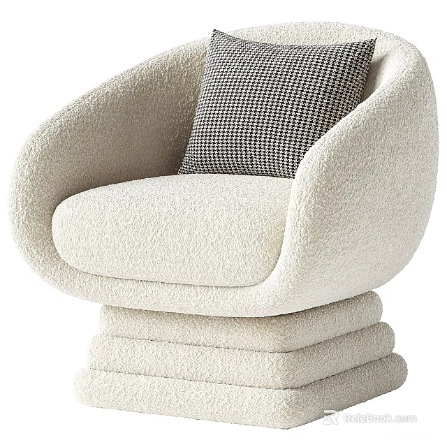 Beige Plush Single Sofa With Black And White Checkered Pillow And Stacked Base Design 3d model 