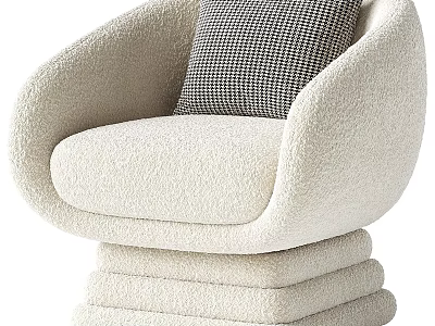 Beige Plush Single Sofa With Black And White Checkered Pillow And Stacked Base Design 3d model