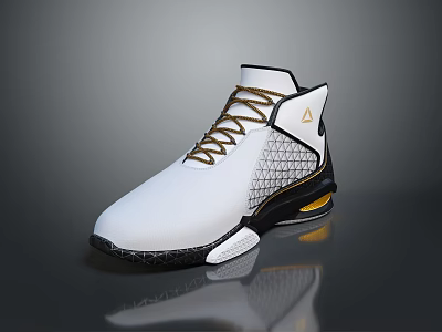 White High Top Basketball Sneakers With Brown Laces Mesh Design Black Sole Yellow Accents 3d model