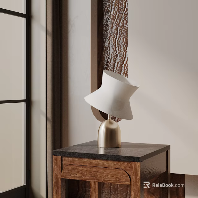 White Shade Gold Base Modern Table Lamp on Wooden Cabinet Black Top against Textured Wall 3d model 