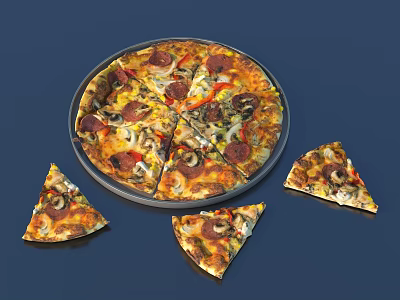 Whole Pizza With Slices And Pepperoni Mushroom Bell Pepper Toppings On Plate 3d model