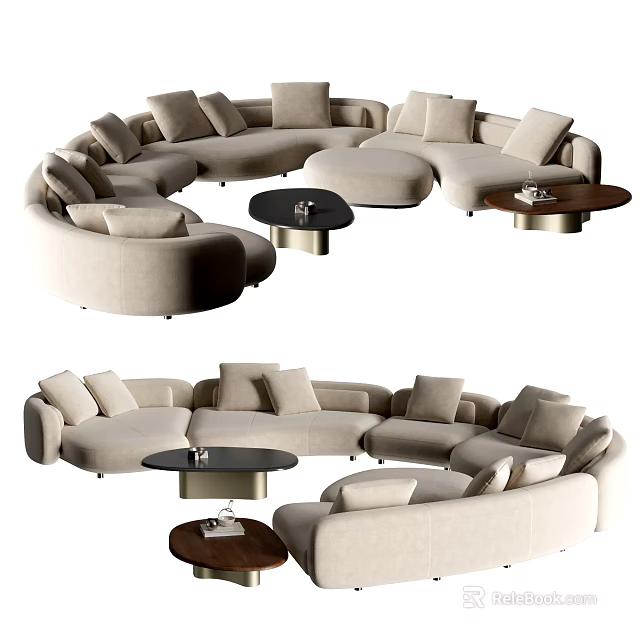 Modern Beige Curved Sectional Sofa with Multiple Cushions and Round Coffee Table Set 3d model