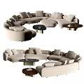 Modern Beige Curved Sectional Sofa with Multiple Cushions and Round Coffee Table Set 3d model